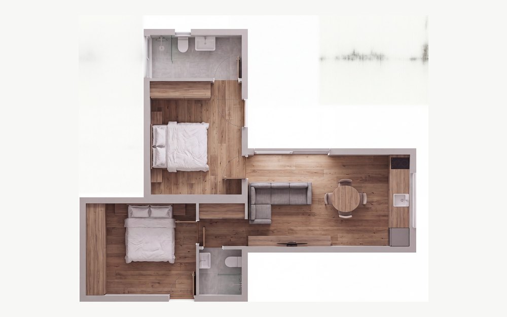 Planta do módulo T2 em L — dois quartos, dois WC e zona comum
